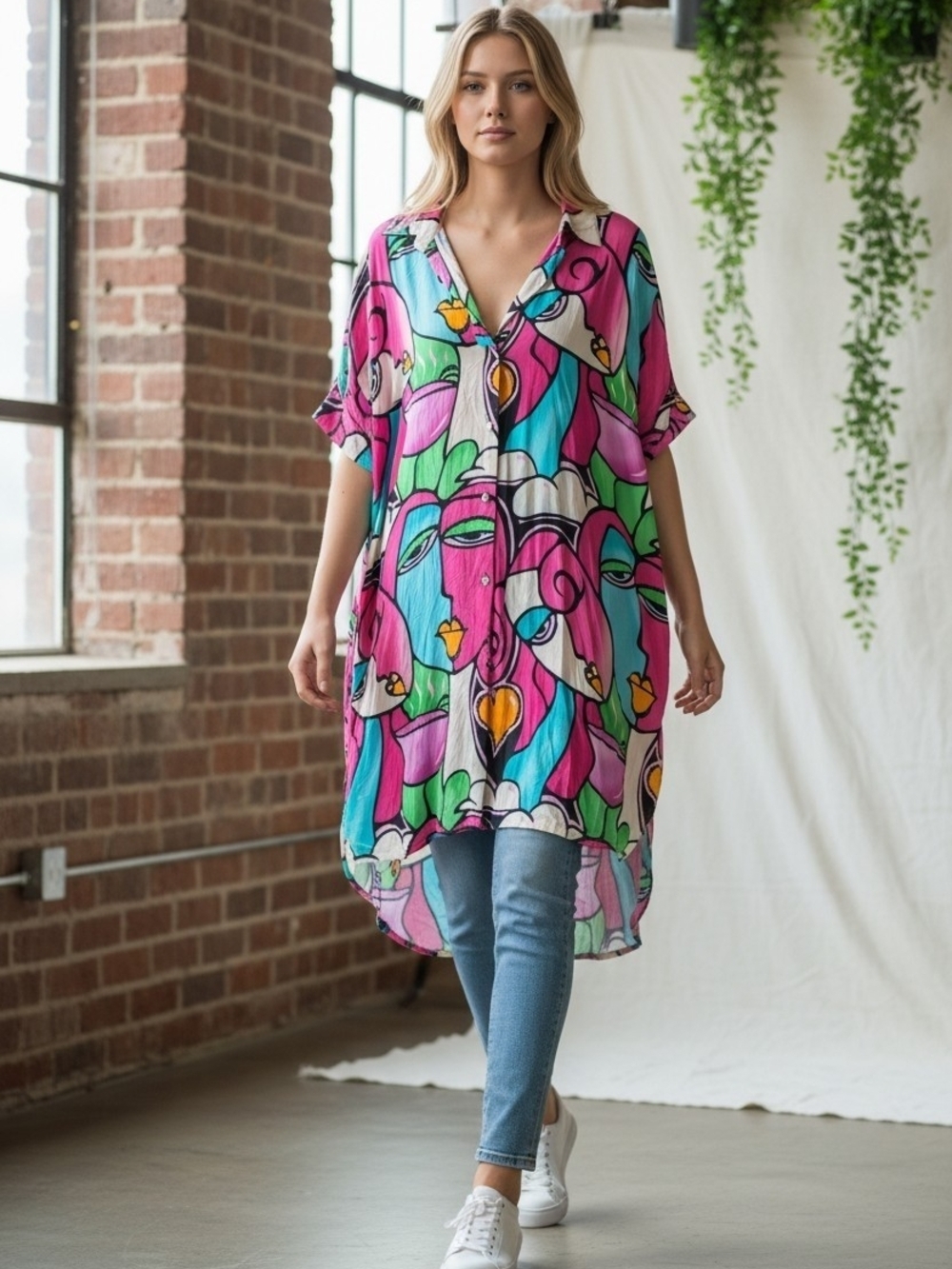 YOLLY ITALY ABSTRACT FACES TUNIC DRESS VIBRANT HIGH LOW HEM FESTIVAL WOMENS L/XL